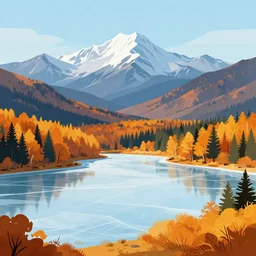 Autumn landscape with mountains in the distance and a frozen lake, vector art