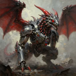 ''cinematic shot'' of mechanical dragon with red eyes cyberpunk sci - fi art syle red horns realistic atmosferic made by ivan aivazovsky, peter mohrbacher, greg rutkowski volumetric light effect broad light oil painting painting fantasy art style sci - fi art style realism premium prints available artwork unreal engine
