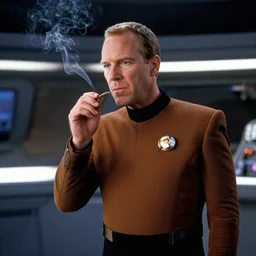 still cinematic of william riker on the bridge of the enterprise smoking weed