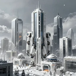 complex and futuristic cyberpunk robot city made out of white marble and brutalist concrete with falling snow, photo by jim burns, peter andrew jones, michael hutter, sharp digital painting. dreaming latent space. matte painting, concept art. artstation. digital render, award winning architecture, hdrp, ue 4, ue 5, revit, autodesk, autocad