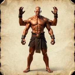 full body portrait mortal combat goro, bald, 4 hands, bronze skin, digital fantasy art, parchment paper background, by greg rutkowski, boris valejo, style of gta 5 poster