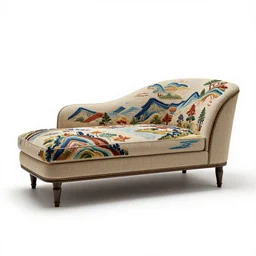 embroidered chaise lounge, high detail macro photography, isolated on a pure white background, centered, entire object in frame, sharp focus, soft studio lighting