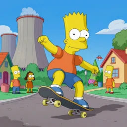 Humanish Bart Simpson skateboarding around a neighborhood full of obstacles, nosey neighbors, nuclear power plant in the distance, trending on artstation, 30mm, by Noah Bradley trending on ArtStation, deviantart, high detail, stylized portrait