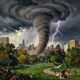 a detailed illustration of a massive tornado touching down in the middle of central park, flying trees and park items, calamity, dark storms with lightning, 8 k, art by greg rutkowski and alphonse mucha and andreas rocha and albert bierstadt