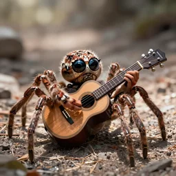 a spider playing a guitar, cataracts on eyes