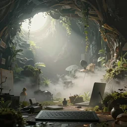 the insides of a dreamy computer composition by mia brownell, very detailed, maximalism, ambient occlusion, volumetric light, atmospheric haze, hyper realism, realistic shading, cinematic composition, realistic render, photography, wide shot