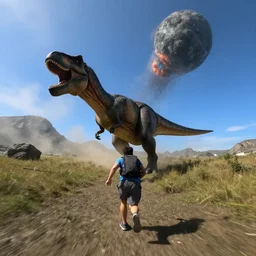 gopro photo first person perspective running with dinosaurs from the incoming meteor