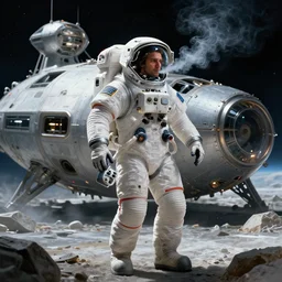 a man in a space suit holding a device, wandering away from his crashed space ship, smoking, intricate, highly detailed, digital painting, artstation, concept art, smooth, rimlight, sharp focus, illustration, unreal engine 5, 8 k, art by artgerm and greg rutkowski