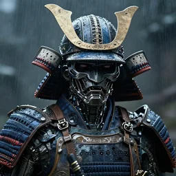 close - up frontal shot of a samurai made of architectural elements, rainy background : : futuristic and dark atmosphere : : 2 technology and post - human mood, hyper - detailed, ultra - realistic universe 8 k post - production, photo real ultra high detail, cinematic lighting, apocalyptic world