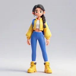 bad girl with black hair and a long braid. Short yellow jacket, blue leggings, yellow boots with a blue backpack. Athletic, stylish, model sheet, 3d render, blender