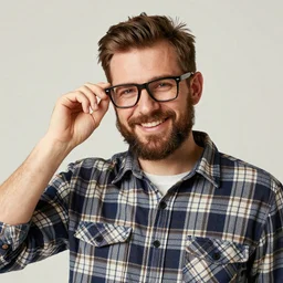 Man in his 30s with a beard, wearing lumberjack shirt, smiling, touching his thick glasses