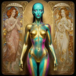 a bright teal magenta gold humanoid, liminal, hyper detailed, intricate, in the style of salvador dali and junji ito and wlop and and wlop and alphonse mucha and guillermo del toro