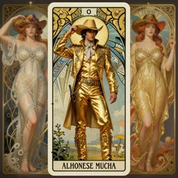 a dramatic ethereal epic symmetrical painting of a handsome cowboy in a gold outfit | tarot card, art deco, art nouveau,  (steampunk), homoerotic, highly detailed | by Dresden Codak, by Mark Maggiori ((((by Alphonse Mucha)))) (((by Greg Rutkoswski))),  | trending on artstation
