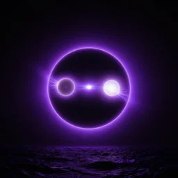a large black purple solar exlipse, purple black glow, above dark ocean waters, hyper realistic