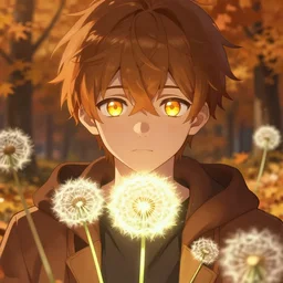 glowing luminescent dandelion male anime character, symmetrical, highly detailed, digital art, sharp focus, trending on art station, amber eyes, autumnal colours