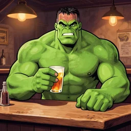 hulk hogan having a drink in a tavern, vanillaware artwork