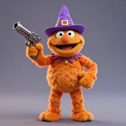 bip bippadotta from the muppets as a wizard, fuzzy orange puppet, in fortnite, holding a gun, 3 d unreal engine render