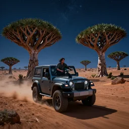 mahindra thar riding through moonlit socotra island with dragon trees, starry night, chasing action scene, epic fantasy, sharp focus, trending on ArtStation, masterpiece, by Greg Rutkowski, by Ross Tran, by Fenghua Zhong, corona render, soft render, ultrarealistic, colorful, cinematic, matte painting, shadow of the tomb rider