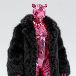 photo of baroque and bladerunner geometric neon ruby sculpture of orgasmic lowpoly albino prince royce striped tiger pink iridescent humanoid deity wearing black fluffy hoody holding diamond skull in a black metallic dungeon, reclining, glowing rainbow face, crown of white diamonds, cinematic lighting, photorealistic, octane render 8 k depth of field 3 d