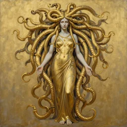 symmetrical, detailed portrait color painting of medusa by greg rutowski, gold tones, priestess, full body
