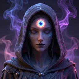 a beautiful detailed 3 d matte headshot of a hooded figure with a neon glowing third eye, by ellen jewett, by tomasz alen kopera, ominous, magical realism, texture, intricate, whirling smoke, radiant colors, fantasy, volumetric lighting, high details