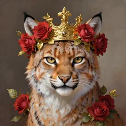 lynx wearing a crown made out of roses and golden leaves, a majestic crown, an expressive digital painting, high quality art,