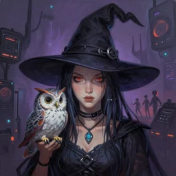 a beatiful painting of portrait, A witch with an owl madk, cyberpunk, by Mizuri AU and Soufiane Idrassi and BONDARTS and Tomasz Alen Kopera and Klaus Wittmann and Deathburger and Daniel Romanovsky and Aku, trending on artstation