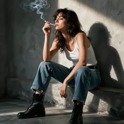 in the style of Joshua Middleton, Revy from Black Lagoon, smoking a cigarette, Jean shorts boots and white tank top