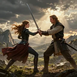 miranda otto / eowyn swinging a sword at liam neeson / qui - gon jinn, digital art by greg rutkowski