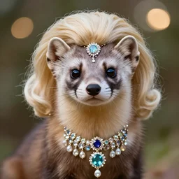 A photorealistic marten animal wearing jewels, a blonde wig and lots of makeup, bokeh