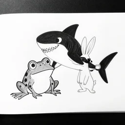 drawing from 1 9 2 0's disney animation, white paper, black & white, frog shark rabbit