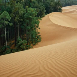 On the left, the dark green forest full of primeval life force, by Thomas Cole, matte painting. The forest ends in the middle. On the right, the desert of sparkling sand dunes, by Jean-Leon Gerome, matte painting | a matte painting where the dark green ancient forest makes way for desert full of sparkling dunes on the right, landsape photography, the edge of the forest, national geographic, 8K | gradient of biomes