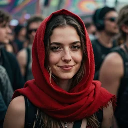 a ultra high resolution close - up of a beautiful young irish woman standing in crowd of psytrance music festival, looking down at the camera, face is partially obscured by a red scarf, and she has a smiling expression. the light is dim, and the colours are muted, kodak etkar 1 0 0,