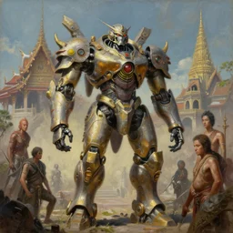 a thai hindu architecture mecha, tim hildebrandt, wayne barlowe, bruce pennington, donato giancola, trending on artstation, cinematic composition, beautiful lighting, hyper detailed, 8 k, oil on canvas