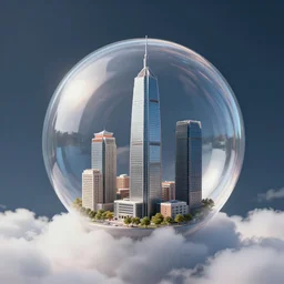 miniature skyscraper inside a bubble that is floating on a cloud