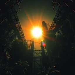 industrial architecture by albert bierstadt, sunlight darkacademia morning sun fisheye hyperrealism nightsky thermal vision dramatic lighting reclaimed by nature alien rainforest infrared nature, archdaily, wallpaper, highly detailed, trending on artstation.