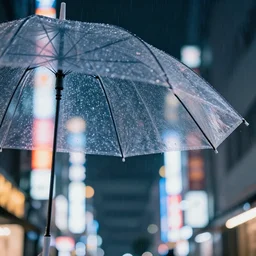 translucent umbrella with rain drops flowing down, tokyo at night, raining, neon signs, photography