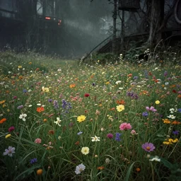 fragrant wildflowers in the meadow painting, gritty cyberpunk atmosphere. realism, cinematic lighting, beautiful gothic fantasy photorealistic, 4 k. 8 mm. grainy. panavision.