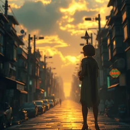 the chosen hero at the end of her quest, detailed, beautiful, golden hour, tokyo suburbs, digital art, unreal engine, bokeh, octane render, 8 k hd
