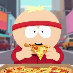 a cartoon still of south park's cartman in times square new york eating a slice of pizza. accurate face. bright scene. fine detail. this 4 k hd image is trending on artstation, featured on behance, well - rendered, extra crisp and features intricate detail.