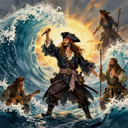a pirate witch summoning a giant wave by william blake and art frahm and earl moran and fritz willis and gil elvgren, detailed, photorealism