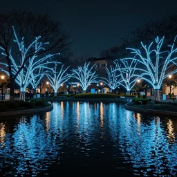 park drowned in water with lots of lights at night magic cinematic style