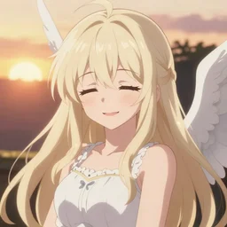 anime art, anime key visual of elegant angelawhite, long blonde hair and large eyes closed smile, happy, finely detailed perfect face, at sunset, golden hour sunset lighting, background blur bokeh!!, trending on pixiv fanbox, studio ghibli, extremely high quality artwork
