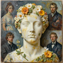 a sculpture portrait made of milk and honey and flowers and plants, painting part by wojciech siudmak, part by ilya repin, part by max ernst, part by norman rockwell, artstation