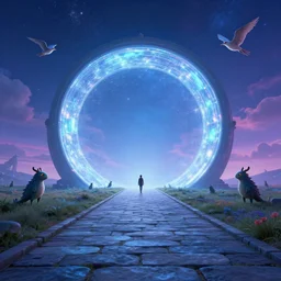 a straight stone pathway through a giant round glimmering portal, otherworldly creatures walking and flying, vast vibrant night sky!!!, cryengine 8 k render, environment character design by world of warcraft mass effect overwatch dark souls, cinematic, warm color palette