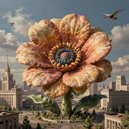 colossal grotesque prehistoric flower made from best unfulfilled mankind projects in the middle of abandoned post soviet constructivist cityscape, Stalinist architecture, ultradetailed, Intricate by Hayao Miyazaki and Josan Gonzalez and Makoto Shinkai and Giuseppe Arcimboldo and Wes Anderson