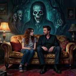 cinematic colorful horror artwork by artgerm, beksinski, mark brooks, stephen king ; real life full portrait of ben affleck facing his wife dove cameron, living room couch ; ground level wide shot low angle ; night ominous scary, 8 k hdr, creepy intricate ; volumetric dramatic lighting, insanely detailed, haunting