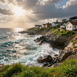 sea surf hits the rocks and cliffs on which the houses are located the ocean landscape on a sunny day, cinematic view, epic sky, detailed, concept art, low angle, high detail, warm lighting, volumetric, godrays, vivid, beautiful, trending on artstation, by jordan grimmer, huge scene, grass, art greg rutkowski