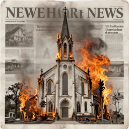 burning church, newspaper cutout collage