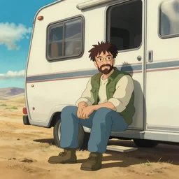Walter White sitting outside his RV in the desert, beautiful studio ghibli still, trending on Artstation